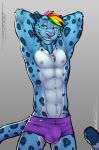  black_lips bluefire bulge cat chest_tuft clothing fangs feline fluffy grin hair long_tail male mammal multicolored_hair muscular nipples orange_eyes pink_nose rainbow_hair smile solo spandex speedo swimsuit teeth tight_clothing tsaiwolf tuft whiskers 
