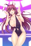  ;d absurdres animal_ears ass_visible_through_thighs bangs bare_arms bare_legs bare_shoulders black_swimsuit blush braid breasts brown_hair bunny_ears bunny_pose casual_one-piece_swimsuit cleavage collarbone covered_nipples cowboy_shot enty_reward eyebrows_visible_through_hair eyelashes halter_top halterneck highres infinite_stratos large_breasts legs_together long_hair looking_at_viewer navel navel_cutout one-piece_swimsuit one_eye_closed open_mouth paid_reward purple_eyes purple_hair red_eyes red_hair shinonono_tabane shiny shiny_skin side-tie_swimsuit smile solo standing swimsuit thigh_gap tongue twin_braids upper_teeth very_long_hair zucchini 