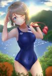  absurdres bare_shoulders blue_eyes blue_swimsuit blurry bush competition_swimsuit covered_navel cowboy_shot depth_of_field goggles goggles_removed grey_hair grin gundamzukidayo highres logo looking_at_viewer love_live! love_live!_sunshine!! mountain one-piece_swimsuit salute short_hair smile solo sunrise swimsuit watanabe_you water 