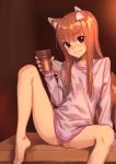  1girl animal_ears arm_support bangs barefoot blunt_bangs blush bottomless closed_mouth collarbone cup eyebrows_visible_through_hair fang fang_out feet head_tilt holding holding_cup holo kawakami_rokkaku leg_up legs long_sleeves orange_hair red_eyes sidelocks smile solo spice_and_wolf spread_legs tail toes wolf_ears wolf_tail 