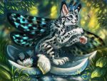  2018 arthropod black_stripes blue_eyes cat day detailed_background digital_media_(artwork) duo feline feral flashw fur hybrid insect mammal no_sclera outside pink_nose sitting stripes white_fur 