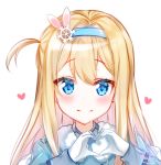  bangs blonde_hair blue_eyes blue_hairband blue_jacket blush closed_mouth commentary eyebrows_visible_through_hair fur-trimmed_jacket fur_trim girls_frontline gloves hair_between_eyes hair_ornament hair_ribbon hairband heart jacket long_hair long_sleeves looking_at_viewer mamel_27 one_side_up pink_ribbon ribbon signature simple_background smile snowflake_hair_ornament solo suomi_kp31_(girls_frontline) very_long_hair white_background white_gloves 