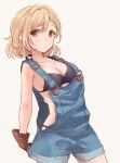  bangs bare_shoulders bikini black_bikini blonde_hair breasts brown_eyes brown_gloves cleavage collarbone djeeta_(granblue_fantasy) eyebrows_visible_through_hair gloves granblue_fantasy hair_between_eyes halter_top halterneck mechanic_(granblue_fantasy) medium_breasts nuno_(pppompon) overall_shorts overalls short_hair solo swimsuit 