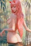  ass breasts butt_crack commentary darling_in_the_franxx green_eyes hair_over_breasts horns long_hair looking_at_viewer looking_back medium_breasts nude parted_lips partially_submerged pink_hair realistic ripples solo stanley_lau tree_branch very_long_hair wading water zero_two_(darling_in_the_franxx) 