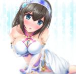  :o between_breasts black_hair blue_eyes blush breasts cleavage commentary elbow_gloves gloves hairband hayami_yoichi highres idolmaster idolmaster_cinderella_girls large_breasts long_hair looking_at_viewer midriff sagisawa_fumika solo 