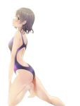  ass bare_shoulders barefoot blue_eyes blue_swimsuit competition_swimsuit feet_out_of_frame grey_hair logo looking_at_viewer love_live! love_live!_sunshine!! one-piece_swimsuit one_knee profile redame short_hair simple_background smile solo swimsuit watanabe_you white_background 