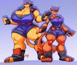  2018 absurd_res anthro armor belt big_breasts breasts cat chance_furlong cleavage clothed clothing crossgender dotted_background duo feline female helmet hi_res jaeh jake_clawson mammal mask pattern_background pouches simple_background smile suit swat_kats thick_thighs 