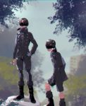  2boys android bandage bandaged_hand black_hair blindfold boots character_request hand_on_hip multiple_boys nier_(series) nier_automata shorts sunlight translated 