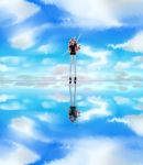  androgynous blue_sky closed_eyes cloud day gem_uniform_(houseki_no_kuni) highres houseki_no_kuni light_reflection_(water) long_hair morganite_(houseki_no_kuni) open_mouth pink_hair reflection sky smile solo tsume_(masudakousuke) waving 