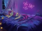  2018 bed bedding bedroom blanket curtains cute cutie_mark dark equine eyelashes eyes_closed feathered_wings feathers female feral fluttershy_(mlp) friendship_is_magic hair hi_res hooves inside lying mammal my_little_pony neon night nude on_bed pegasus pillow pink_hair signature sleeping smile solo star window wings xjenn9 yellow_feathers 