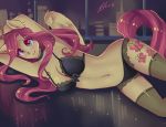  2018 anthro blush bound bra breasts choker cleavage clothed clothing cutie_mark dark equine eyebrows eyelashes feathered_wings feathers female floppy_ears fluttershy_(mlp) friendship_is_magic hair hands_behind_head hands_tied inside legwear long_hair looking_at_viewer lying mammal my_little_pony navel panties pegasus pink_hair signature smile solo stockings teal_eyes thigh_highs underwear window wings xjenn9 yellow_feathers 