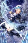  apron boots dagger ekm fire_emblem fire_emblem_if flora_(fire_emblem_if) grey_eyes highres ice long_hair maid maid_apron maid_headdress night night_sky sky snowflakes solo sparkle thighhighs tree twintails weapon 