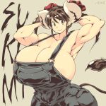  animal_humanoid biceps big_breasts blush bovine breasts brown_hair cleavage clothed clothing cow_humanoid female hair hair_ribbon hataraki_ari horn huge_breasts humanoid mammal muscular muscular_female overalls ribbons short_hair signature smile solo sukimi_(hataraki) tail_tuft tuft yellow_eyes 