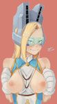  animal_ears bare_shoulders bell between_breasts blonde_hair blue_eyes blush boku_no_hero_academia breasts breasts_outside cat_ears closed_mouth clothes_between_breasts commentary_request ehon-metal facial_mark fake_animal_ears glasses gloves half-closed_eyes highres inverted_nipples jingle_bell large_breasts long_hair looking_at_viewer nipples no_bra paw_gloves paws sleeveless smile solo tsuchikawa_ryuuko upper_body 