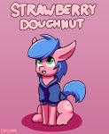  2018 ambiguous_gender blue_hair bottomless carpetwurm clothed clothing english_text equine fan_character feral fur green_eyes hair hi_res hoodie horse mammal my_little_pony open_mouth partially_clothed pink_fur pony signature simple_background sitting solo text 