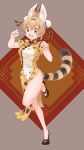  :3 adapted_costume animal_ears bare_legs blonde_hair china_dress chinese_clothes clenched_hand commentary_request double_bun dress eyebrows_visible_through_hair flats full_body highres inukoro_(spa) kemono_friends puffy_short_sleeves puffy_sleeves serval_(kemono_friends) serval_ears serval_print serval_tail short_hair short_sleeves solo standing standing_on_one_leg tail yellow_eyes 