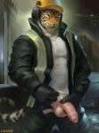  2018 anthro armor balls black_stripes chunie clothed clothing detailed_background digital_media_(artwork) feline flaccid fur glans gloves hard_hat helmet hi_res holding_penis humanoid_penis long_foreskin looking_at_viewer male mammal muscular muscular_male night orange_eyes orange_fur outside penis safety_vest signature solo_focus stripes tiger uncut unzipped white_fur 