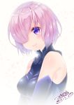  bare_shoulders black_gloves breasts closed_mouth elbow_gloves fate/grand_order fate_(series) from_side gloves hair_over_one_eye impossible_clothes lips looking_at_viewer looking_to_the_side mash_kyrielight medium_breasts pink_hair purple_eyes shiny shiny_skin short_hair signature smile solo tareme tsukimochikuriko_(tsukimochi_k) upper_body yellow_background 