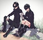  2boys android bandage bandaged_hand black_coat black_hair blindfold boots character_request choker coat collar grass multiple_boys nier_(series) nier_automata shorts sitting_on_ground sitting_on_rock smile 