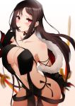  1girl bangs black_choker black_dress blurry blurry_background breasts brown_hair center_opening choker collarbone consort_yu_(fate) dress earrings fate/grand_order fate_(series) finger_to_mouth fur-trimmed_jacket fur_collar fur_trim groin highres jacket jewelry long_hair looking_at_viewer medium_breasts multiple_earrings navel red_eyes sidelocks solo sword vane very_long_hair weapon 