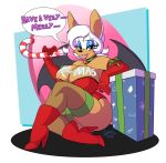  2015 alpha_channel anthro bat big_breasts boots breasts candy candy_cane christmas cleavage clothed clothing female food footwear gift gloves hi_res high_heels holidays huge_breasts improvised_dildo improvised_sex_toy legwear mammal membranous_wings rouge_the_bat shoes solo sonic_(series) stockings teer wings 