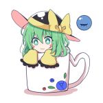  :3 bangs black_hat blush_stickers bow commentary_request cup eyebrows_visible_through_hair eyelashes frilled_sleeves frills green_eyes green_hair hair_between_eyes hat hat_bow in_container in_cup komeiji_koishi long_sleeves looking_at_viewer minigirl mug shadow short_eyebrows short_hair simple_background solo tareme third_eye touhou white_background wide_sleeves yellow_bow ying1hua1 
