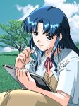  blue_eyes blue_hair day fujiwara_aya holding long_hair notebook official_art open_mouth outdoors photo_background short_sleeves solo super_real_mahjong 