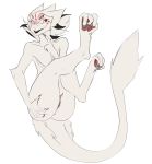  anthro anus butt claws digital_media_(artwork) female fish-ears fur hair hi_res looking_at_viewer nude open_mouth pussy satsu sergal simple_background smile solo white_background white_fur 