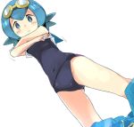  arms_up ass_visible_through_thighs blue_eyes blue_hair blue_pants blue_swimsuit blush breasts covered_navel dutch_angle from_below goggles goggles_on_head ixy legs_apart looking_at_viewer one-piece_swimsuit pants pants_pull pokemon pokemon_(game) pokemon_sm school_swimsuit shirt shirt_lift short_hair simple_background small_breasts solo standing suiren_(pokemon) swimsuit undressing white_background white_shirt 