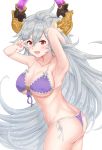  ahoge armpits arms_up ass bangs bare_shoulders bikini blush breasts cleavage collarbone commentary cosplay draph eyebrows_visible_through_hair flower front-tie_bikini front-tie_top granblue_fantasy grey_hair hair_between_eyes hair_flower hair_ornament hand_gesture highres hips horns jeanne_d'arc_(granblue_fantasy) jeanne_d'arc_(granblue_fantasy)_(cosplay) large_breasts lily_(flower) long_hair looking_at_viewer open_mouth purple_bikini red_eyes side-tie_bikini simple_background smile solo springveiv swimsuit thalatha_(granblue_fantasy) v very_long_hair white_background 