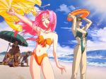  6+boys 90s arm_up arms_up beach beach_umbrella bikini breasts carrying_overhead day flat_chest green_eyes green_hair holding holding_innertube innertube katsura_ken'ichirou lipstick long_hair looking_at_viewer macross macross_7 makeup medium_breasts multiple_boys multiple_girls mylene_jenius navel non-web_source official_art one_eye_closed open_mouth orange_bikini outdoors pink_hair profile red_lipstick removing_jacket short_hair standing staring strapless strapless_bikini sunglasses swimsuit umbrella veffidas_feaze water 