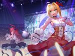  ahoge bare_shoulders blonde_hair choker commentary_request confetti dress elbow_gloves elizabeth_bathory_(fate) elizabeth_bathory_(fate)_(all) fang fate/grand_order fate_(series) feixiang_de_huojiren gloves green_eyes hair_ribbon horns idol light_particles microphone multiple_girls nero_claudius_(fate) nero_claudius_(fate)_(all) pointy_ears red_hair ribbon skirt spotlight stadium stage tail yellow_eyes 