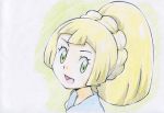  blonde_hair green_eys lillie_(pokemon) oka_mochi open_mouth pokemon pokemon_sm ponytail smile 