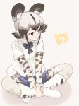  african_wild_dog_(kemono_friends) african_wild_dog_print animal_ears animal_print black_eyes black_hair black_neckwear boots bow bowtie closed_mouth dog_ears dog_tail dress_shirt grey_background grey_hair highres indian_style japari_symbol kemono_friends long_sleeves multicolored multicolored_clothes multicolored_hair multicolored_legwear pantyhose pantyhose_under_shorts print_legwear shadow shirt short_over_long_sleeves short_sleeves sitting smile solo tail two-tone_hair uasi v_arms white_footwear white_legwear white_shirt wing_collar 