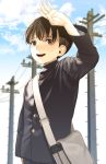  :d arm_up bag blue_sky blurry brown_eyes brown_hair cloud cowboy_shot day depth_of_field gakuran highres lens_flare male_focus open_mouth original outdoors power_lines school_bag school_uniform shoulder_bag sky smile solo telephone_pole wadani_hitonori 