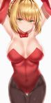 ahoge alternate_costume animal_ears armpits arms_up bangs bare_shoulders black_legwear blonde_hair blush bow bow_choker breasts bunny_ears bunnysuit choker cleavage collarbone covered_navel cowboy_shot eyebrows_visible_through_hair fake_animal_ears farys_(afopahqfw) fate/grand_order fate_(series) groin hairband highres large_breasts leotard looking_at_viewer nero_claudius_(fate) nero_claudius_(fate)_(all) pantyhose red_bow red_choker red_eyes red_hairband red_leotard shiny shiny_skin short_hair simple_background solo standing strapless strapless_leotard thigh_gap tsurime white_background 