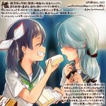  ^_^ alternate_costume black_sailor_collar blush closed_eyes colored_pencil_(medium) commentary_request dated food fujinami_(kantai_collection) green_neckwear grey_hair grin hamanami_(kantai_collection) holding holding_food kantai_collection kirisawa_juuzou long_hair multiple_girls neckerchief numbered open_mouth partially_translated purple_hair sailor_collar sandwich school_uniform serafuku short_sleeves side_ponytail smile traditional_media translation_request twitter_username 