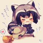  =_= animal_ears bangs black_bow black_footwear black_hair black_skirt blue_shirt blush bow chibi closed_eyes common_raccoon_(kemono_friends) crossover eyebrows_visible_through_hair fang flareon fur_collar gen_1_pokemon grey_hair grey_legwear hat hat_feather hat_removed headwear_removed heart helmet holding holding_hat kemono_friends mouth_hold multicolored_hair muuran open_mouth pantyhose pith_helmet pleated_skirt pokemon pokemon_(creature) raccoon_ears raccoon_tail shirt signature skirt spoken_heart striped_tail tail tearing_up translation_request trembling tug_of_war white_hair 