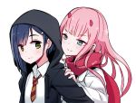  artist_name black_hoodie blue_eyes blue_hair collared_shirt darling_in_the_franxx drawstring green_eyes hair_ornament hairclip hand_on_another's_shoulder hood hood_up horns ichigo_(darling_in_the_franxx) long_hair long_sleeves multiple_girls necktie no_hairband pink_hair quiss red_scarf scarf shirt short_hair simple_background striped striped_neckwear tareme tsurime upper_body white_background white_coat white_shirt wing_collar zero_two_(darling_in_the_franxx) 