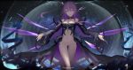  ass_visible_through_thighs bare_shoulders breasts choker cleavage commentary_request crotch_plate dress highres long_hair looking_at_viewer medium_breasts one_side_up open_mouth original purple_eyes purple_hair revealing_clothes solo strapless strapless_dress walking wangchuan_de_quanyan wide_sleeves 