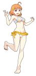  :d ahoge bangs barefoot bikini bikini_skirt bow chu_kai_man floral_print flower full_body hair_bow hair_flower hair_ornament highres looking_at_viewer love_live! love_live!_sunshine!! navel open_mouth orange_hair print_bikini red_eyes short_hair side-tie_bikini smile solo standing standing_on_one_leg swimsuit takami_chika transparent_background w yellow_bow 