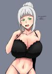  1girl black_bra bra breasts cleavage colored colorfag erect_nipples green_eyes hair_bun highres huge_breasts lace-trimmed_bra lingerie maydrawfag navel parted_lips shimoneta_to_iu_gainen_ga_sonzai_shinai_taikutsu_na_sekai silver_hair sophia_nishikinomiya sweatdrop text 