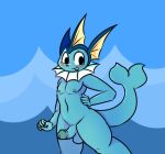  5_fingers anthro blue_skin blush eeveelution erection fin iguanasarecool male nintendo nipples penis pok&eacute;mon pok&eacute;mon_(species) solo vaporeon video_games water 