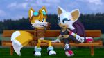  2018 3d_(artwork) breasts canine clothed clothing dialogue digital_media_(artwork) duo eyewear female flirting fox fur gloves goggles green_eyes jacket mammal miles_prower nipples open_mouth outside park picnic_table rotalice2 rouge_the_bat smile sonic_(series) sonic_series tails_(disambiguation) white_fur 