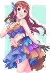  :d black_gloves blush breasts brown_eyes brown_hair choker cleavage commentary feathers gloves hair_ornament highres idol_clothes idolmaster idolmaster_million_live! jewelry layered_skirt long_hair looking_at_viewer medium_breasts midriff navel open_mouth smile solo soujin stomach tanaka_kotoha thighs 