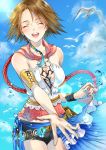  blue_sky breasts brown_hair cleavage cloud commentary_request day droplet final_fantasy final_fantasy_x final_fantasy_x-2 hood hood_down looking_at_viewer medium_breasts open_mouth ponytail short_hair short_shorts shorts showgirl_skirt sky smile solo water wristband xhanaxxus yuna_(ff10) 