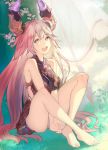  aile/koushi bangs barefoot between_legs breasts commentary_request draph eyebrows_visible_through_hair feet granblue_fantasy grey_hair hair_between_eyes hand_between_legs horns large_breasts legs long_hair looking_at_viewer looking_to_the_side open_mouth panties red_eyes red_skirt skirt sleeveless smile solo sunlight thalatha_(granblue_fantasy) thighs underwear very_long_hair white_panties 