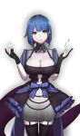  black_legwear blue_hair breasts cleavage dragon_girl dragon_tail dress gloves highres large_breasts looking_at_viewer monster_girl navel original purple_dress see-through short_hair skirt solo tail thighhighs thighs xiujia_yihuizi yellow_eyes 