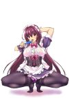  alternate_costume blush bow cleavage_cutout commentary_request enmaided eyebrows_visible_through_hair fate/grand_order fate_(series) frills gusset hair_between_eyes hand_behind_head holding looking_at_viewer maid multicolored no_shoes open_mouth panties panties_under_pantyhose pantyhose purple_hair red_bow scathach_(fate)_(all) scathach_(fate/grand_order) shirokuma_a short_hair solo spread_legs thighband_pantyhose tongue tongue_out underwear white_background 