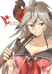  absurdres ahoge bangs bare_shoulders bikini bikini_under_clothes breasts cleavage collarbone commentary_request draph eyebrows_visible_through_hair flower granblue_fantasy grey_hair grin hair_between_eyes hair_flower hair_ornament hibiscus highres horns izupix large_breasts long_hair looking_at_viewer looking_to_the_side neckerchief red_bikini red_eyes red_neckwear sailor_collar sailor_shirt see-through shirt simple_background smile solo swimsuit thalatha_(granblue_fantasy) very_long_hair white_background 
